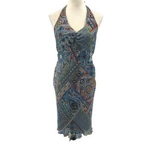 Silk Halter Babydoll Midi Dress S Patchwork Print Boho Artsy Resort Vacation